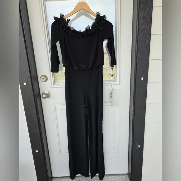 Adrianna Papell Women Jumpsuit Sz 2 Black Chiffon Ruffle Wide Leg NWT Cocktail - Picture 2 of 11